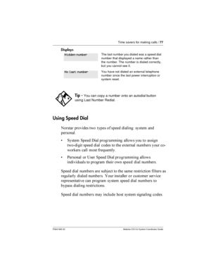 Page 77Time savers for making calls /77
P0941565 02 Modular ICS 5.0 System Coordinator Guide
Displays
Using Speed Dial
	 
    
 
	
+  	

	

, 1 1
 %	
 		

   	

 
 
	
 
   !	
   
 	

  

, *	
  ? 1
 %	
 	 	




	
  	   
 
	
 
1
 
	
  	    	 
 	

	
 
	
...