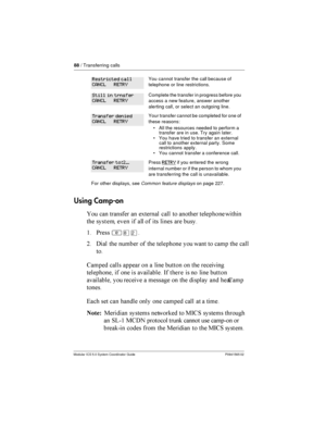 Page 8888/ Transferring calls
Modular ICS 5.0 System Coordinator Guide P0941565 02
Using Camp-on
 	 	 	 !	
 	

  	 
 
    	

   
 	 
$ *
²¡Û
= %	
     
  	  	  	


6	
 	

 		  	 
    

    		
	
 -    
 
		
	
   	 	   

	 	
 	6	

	  	 	

 
  	
 	

 	...