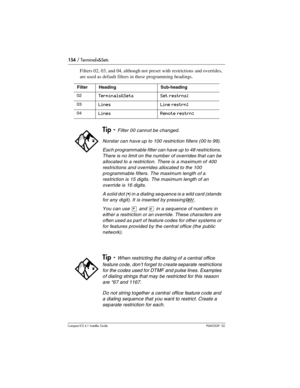 Page 154154 / Terminals&Sets
Compact ICS 6.1 Installer GuideP0603539  02
Filters 02, 03, and 04, although not preset with restrictions and overrides, 
are used as default filters in these programming headings.
FilterHeadingSub-heading
02Terminals&SetsSet restrns:
03LinesLine restrn:
04LinesRemote restrn:
Tip - Filter 00 cannot be changed.
Norstar can have up to 100 restriction filters (00 to 99).
Each programmable filter can have up to 48 restrictions. 
There is no limit on the number of overrides that can be...