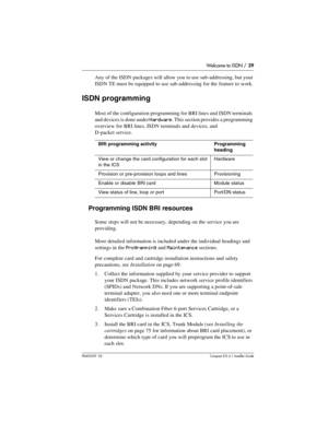 Page 39Welcome to ISDN / 39
P0603539  02Compact ICS 6.1 Installer Guide
Any of the ISDN packages will allow you to use sub-addressing, but your 
ISDN TE must be equipped to use sub-addressing for the feature to work.
ISDN programming
Most of the configuration programming for BRI lines and ISDN terminals 
and devices is done under 
Hardware. This section provides a programming 
overview for BRI lines, ISDN terminals and devices, and 
D-packet service.
Programming ISDN BRI resources
Some steps will not be...