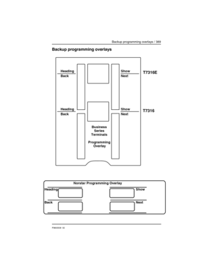 Page 389Backup programming overlays / 389
P0603539  02
Backup programming overlays
Heading
BackShow
Next
Heading
Back Show
Next
Business Series
Terminals
Programming OverlayT7316E
T7316
Heading
Back Show
Next
Norstar Programming Overlay 