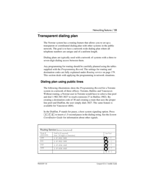 Page 55Networking features / 55
P0603539  02Compact ICS 6.1 Installer Guide
Transparent dialing plan
The Norstar system has a routing feature that allows you to set up a 
transparent or coordinated dialing plan with other systems in the public 
network. The goal is to have a network-wide dialing plan where all 
telephone numbers are unique and of a uniform length.
Dialing plans are typically used with a network of systems with a three to 
seven-digit dialing access between them.
Any programming for routing...