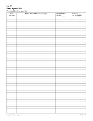 Page 29Page  29
Compact ICS 6.1 Program ming RecordP0603545   02
User speed dial  
(Terminals&Sets: User speed dial)  
Spd#
(256-279)Speed dial number (max. 24 digits)Use prime line Pool code ____
Use line: ____ Use routing tabl 