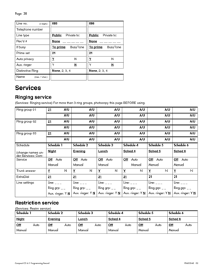 Page 38Page  38
Compact ICS 6.1 Program ming RecordP0603545   02
 
Services
Ringing service
(Services: Ringing service) For more than 3 ring groups, photocopy this page BEFORE using.
Restriction service
(Services: Restrn service)
Line no.(3 digits)085086
Telephone number
Line typePublicPrivate to:PublicPrivate to:
Rec’d #None   __ __ __ __ __ None   __ __ __ __ __ 
If busyTo prime     BusyToneTo prime     BusyTone
Prime set2121
Auto privacyYNYN
Aux. ringerYNYN
Distinctive RingNone, 2, 3, 4None, 2, 3, 4
Name...