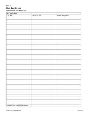 Page 64Page  64
Compact ICS 6.1 Program ming RecordP0603545   02
Sys Admin Log 
(Maintenance; Sys Admin Log)  
Sys Admin Log
Log itemTime of log item Number of repetitions
Time and date that log was checked 