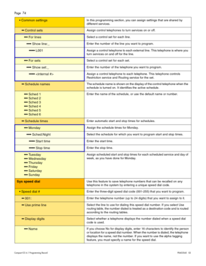 Page 74Page  74
Compact ICS 6.1 Program ming RecordP0603545   02
 Common settingsIn this programming section, you can assign settings that are shared by 
different services.
 Control setsAssign control telephones to turn services on or off. 
 For linesSelect a control set for each line.
 Show line:_Enter the number of the line you want to program.
 L001Assign a control telephone to each external line. This telephone is where you 
turn services on and off for the line.
 For setsSelect a control...