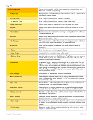 Page 76Page  76
Compact ICS 6.1 Program ming RecordP0603545   02
System prgrmingA programming section that lets you change system-wide settings, Auto 
Attendant, and CCR programming
 Hunt groupsA programming section that lets you set up incoming calls on a specific DN to 
be routed to a group of sets.
 Show group:_Enter the DN of the telephone you want to program.
 Member DNsEnter the DN of the telephone you want to add to the group.
 Line assignmentAllows you to assign or unassign a line to a...