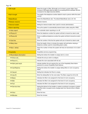 Page 80Page  80
Compact ICS 6.1 Program ming RecordP0603545   02
 DN lengthSelect the length of DNs. DN length can be three to seven digits. Each 
increase in DN length adds the digit 2 to an existing DN (for example: DN 344, 
increased to five digits becomes 22344).
 Nat’nl lengthThe length of the telephone number dialed to reach a person within the same 
country.
 Make/Break:Select the Make/Break ratio. The default Make/Break ratio is 40 / 60. 
 Release reasonsRelease reasons.
 Internal modemSetting for...