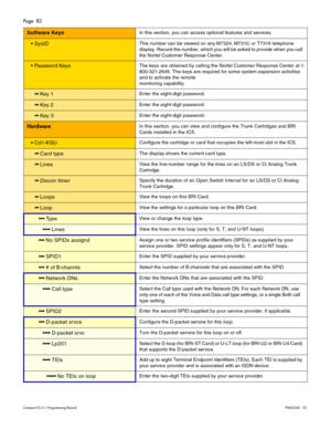 Page 82Page  82
Compact ICS 6.1 Program ming RecordP0603545   02
Software Keys In this section, you can access optional features and services.
 SysIDThis number can be viewed on any M7324, M7310, or T7316 telephone 
display. Record the number,  which you will be asked to provide when you call 
the Nortel Customer Response Center.
 Password KeysThe keys are obtained by calling the Nortel Customer Response Center at 1-
800-321-2649. The keys are required for some system expansion activities 
and to activate the...