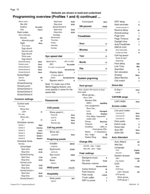 Page 10Page  10
Compact ICS 6.1 Program ming RecordP0603545   02
Show route:_
Rte 000
DialOut 
No numbr
UsePool A
Dest codes
Show DstCode:_
Normal000
   AbsorbLengthAll
NightNone
First route
Digit absorb
Second route
Digit absorb
Third route
Digit absorb
Sched:EveningNone
Sched:LunchNone
Sched:Sched 4None
Sched:Sched 5None
Sched:Sched 6None
Sched:Night
ServiceOff
OverflowN
Sched:Evening
Sched:Lunch
Sched:Sched 4
Sched:Sched 5
Sched:Sched 6
Common settings
Control sets
For lines
Show line:_
   L001
21
For sets...