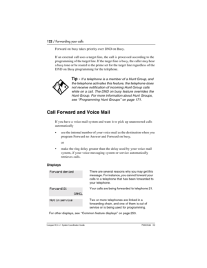 Page 122122 / Forwarding your calls
Com pact ICS 6.1 System Coordinator Guide P0603544   02
Forward on busy takes priority over DND on Busy.
If an external call uses a target line, the call is processed according to the 
programming of the target line. If the target line is busy, the caller may hear 
a busy tone or be routed to the prime set for the target line regardless of the 
DND on Busy programming for the telephone.
Call Forward and Voice Mail
If you have a voice mail system and want it to pick up...