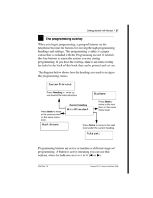 Page 21Getting started with Norstar / 21
P0603544   02 Compact ICS 6.1 Syste m Coordin ator Guide
The programming overlay
When you begin programming, a group of buttons on the 
telephone become the buttons for moving through programming 
headings and settings. The programming overlay is a paper 
cutout that is included with the Programming record. It relabels 
the four buttons to name the actions you use during 
programming. If you lose the overlay, there is an extra overlay 
included in the back of this book...