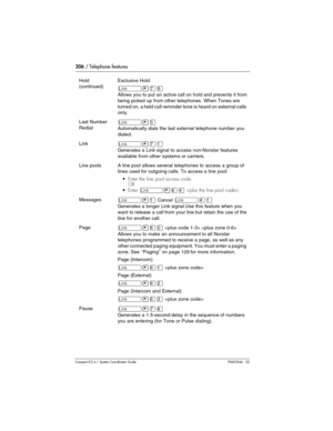 Page 206206 / Telephone features
Com pact ICS 6.1 System Coordinator Guide P0603544   02
Hold 
(continued)Exclusive Hold
˚•‡·
Allows you to put an active call on hold and prevents it from 
being picked up from other telephones. When Tones are 
turned on, a held call reminder tone is heard on external calls 
only.
Last Number 
Redial˚•ﬁ
Automatically dials the last external telephone number you 
dialed.
Link˚•‡⁄
Generates a Link signal to access non-Norstar features 
available from other systems or carriers.
Line...