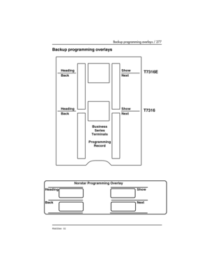 Page 277Backup programming overlays / 277
P0603544   02
Backup programming overlays
Heading
BackShow
Next
Heading
BackShow
Next
Business
Series
Terminals
Programming
RecordT7316E
T7316
Heading
BackShow
Next Norstar Programming Overlay 