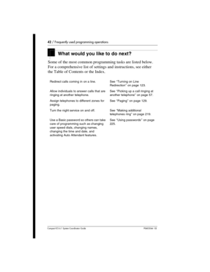 Page 4242 / Frequently used programming operations
Com pact ICS 6.1 System Coordinator Guide P0603544   02 
What would you like to do next?
Some of the most common programming tasks are listed below. 
For a comprehensive list of settings and instructions, see either 
the Table of Contents or the Index.
Redirect calls coming in  on a line.See ‘‘Turning on Line 
Redirection’’ on page 123.
Allow individuals to answer calls that are 
ringing at another telephone.See ‘‘Picking up a call ringing at 
another...