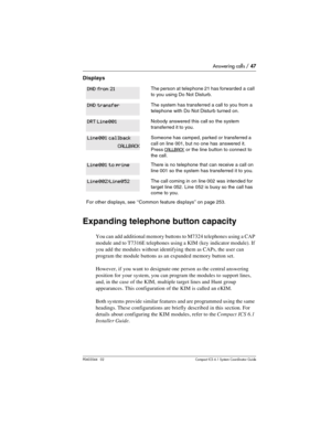 Page 47Answering calls / 47
P0603544   02 Compact ICS 6.1 Syste m Coordin ator Guide
Displays
Expanding telephone button capacity
You can add additional memory buttons to M7324 telephones using a CAP 
module and to T7316E telephones using a KIM (key indicator module). If 
you add the modules without identifying them as CAPs, the user can 
program the module buttons as an expanded memory button set. 
However, if you want to designate one person as the central answering 
position for your system, you can program...