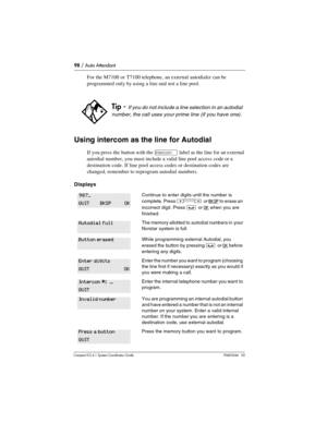 Page 9898 / Auto Attendant
Com pact ICS 6.1 System Coordinator Guide P0603544   02
For the M7100 or T7100 telephone, an external autodialer can be 
programmed only by using a line and not a line pool.
Using intercom as the line for Autodial
If you press the button with the ∆ label as the line for an external 
autodial number, you must include a valid line pool access code or a 
destination code. If line pool access codes or destination codes are 
changed, remember to reprogram autodial numbers.
Displays
Tip -...