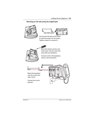 Page 101Installing Norstar telephones / 101
P0992669 03Compact ICS 6.0 Installer Guide
Mounting on the wall using the angled base
Mount the keystation 
    onto the screws and 
slide it down. Mount the stand as shown and
insert screw. Use the screw that
came with your keystation.
 
key hole slots
Connect line cord to 
wall jack. Connect cords to the keystation,
   refer to cord connections
 
Tighten screws for a secure fit. Use the key hole slots on the stand
to mark the location for the screws. 