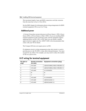 Page 106106 / Installing ISDN terminal equipment
Compact ICS 6.0 Installer GuideP0992669 03
The maximum length of spur and ISDN connection cord (the extension 
from the main line or bus) is 10 m (30 ft). 
See the ISDN chapter for information about wiring arrangements for ISDN 
terminal equipment (TE) on an S or T loop.
Additional power
 A Norstar S-loop does not provide power on Power Source 1 (PS1), Power 
Source (PS2), or Power Source or Sink 3 (PS3). If you are installing ISDN 
terminal equipment at the...