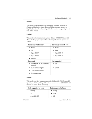 Page 127Profiles and Dialpads / 127
P0992669 03Compact ICS 6.0 Installer Guide
Profile 1
This profile is the default profile. It supports cards and protocols for 
Canada and the United States. This profile has language support for 
English, Canadian French, and Spanish. The mu-law companding law is 
used in this profile.
Profile 2
This profile is for international systems that use ETSI ISDN lines with 
aLaw. The languages supported include: English, French, Spanish, and 
Turkish.
Profile 3
This profile provides...