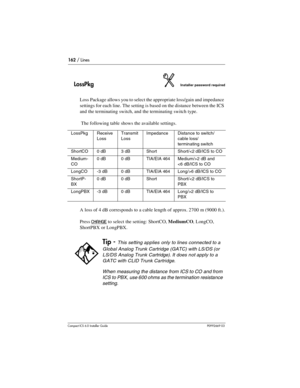 Page 162162 / Lines
Compact ICS 6.0 Installer GuideP0992669 03
LossPkgInstaller password required
Loss Package allows you to select the appropriate loss/gain and impedance 
settings for each line. The setting is based on the distance between the ICS 
and the terminating switch, and the terminating switch type. 
 The following table shows the available settings. 
A loss of 4 dB corresponds to a cable length of approx. 2700 m (9000 ft.).
Press 
CHANGE to select the setting: ShortCO, MediumCO, LongCO, 
ShortPBX or...