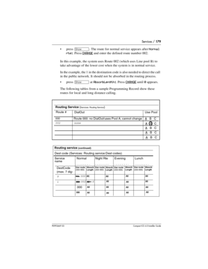 Page 179Services / 179
P0992669 03Compact ICS 6.0 Installer Guide
press ≠. The route for normal service appears after Normal 
rte:
. Press CHANGE and enter the defined route number 002.
In this example, the system uses Route 002 (which uses Line pool B) to 
take advantage of the lower cost when the system is in normal service.
In the example, the 1 in the destination code is also needed to direct the call 
in the public network. It should not be absorbed in the routing process.
press 
≠ at AbsorbLength:. Press...