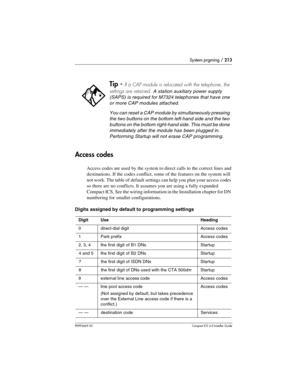 Page 213System prgming / 213
P0992669 03Compact ICS 6.0 Installer Guide
Access codes
Access codes are used by the system to direct calls to the correct lines and 
destinations. If the codes conflict, some of the features on the system will 
not work. The table of default settings can help you plan your access codes 
so there are no conflicts. It assumes you are using a fully expanded 
Compact ICS. See the wiring information in the Installation chapter for DN 
numbering for smaller configurations.
Digits assigned...