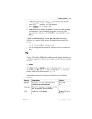 Page 219System prgming / 219
P0992669 03Compact ICS 6.0 Installer Guide
1. At System prgrming, press ≠ until Hunt groups displays.
2. Press 
‘ until Fax DN:None displays.
3. Press  
CHANGE and enter the Fax DN.
4. Make the required changes for the Fax switch in the Auto-attendant 
documentation. Auto-attendant programming is covered in the 
documentation that came with the CallPilot system attached to your 
CICS.
The Fax switch identifies one DN and does not support the unique 
definition of a number of Fax...