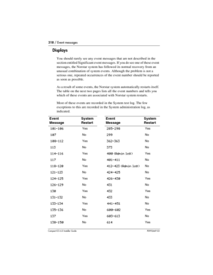 Page 318318 / Event messages
Compact ICS 6.0 Installer GuideP0992669 03
Displays
You should rarely see any event messages that are not described in the 
section entitled Significant event messages. If you do see one of these event 
messages, the Norstar system has followed its normal recovery from an 
unusual combination of system events. Although the problem is not a 
serious one, repeated occurrences of the event number should be reported 
as soon as possible.
As a result of some events, the Norstar system...