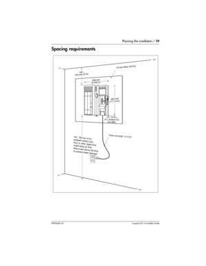 Page 59Planning the installation / 59
P0992669 03Compact ICS 6.0 Installer Guide
Spacing requirements   
19 mm thick (3/4 in)
Power cord length 1.5 m (5 ft) min. 100 mm (4 in)
between bottom and 
floor or other object that
might block air flow
Mount well above the floor
to prevent water damage
min.
150 mm (5 in)
435 mm
(17-1/4 in)
238 mm
(9-3/8 in)
min. 150 mm
(6 in.) between ICS
and cables 