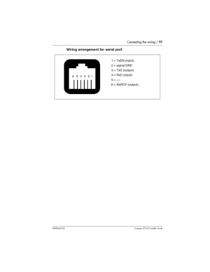 Page 97Connecting the wiring / 97
P0992669 03Compact ICS 6.0 Installer Guide
      Wiring arrangement for serial port
6   5   4   3   2  1
1 = TxEN (input)
2 = signal GND
3 = TxD (output)
4 = RxD (input)
5 = ----
6 = RxRDY (output) 