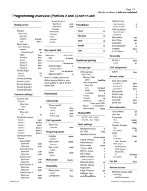 Page 13Page  13
P0 99 26 71 03   Com pact I CS 6 .0  P ro gra m m in g  Reco rd
Routing service
Rout es
Show route:_
Rte 000
Di alOu t 
No numbr
Us ePool A
Des t c odes
Show DstCode:_
No rmal000
   A bso rb Le ngt hAll
Nigh tNone
Ev enin gNone
Lu nchNone
Sche d 4None
Sche d 5None
Sche d 6None
Sche d:Ni ght
Se rv ic eOff
Ov erflo wN
Sche d:Ev eni ng
Sche d:Lu nch
Sche d:Sc hed 4
Sche d:Sc hed 5
Sche d:Sc hed 6
Common settings
Cont ro l set s
For l ines
S how  line: _
   L0 01
21
For sets
Sh ow  s et:_
   2 1
21...
