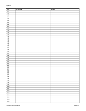 Page 26Page  26
Com pa ct  IC S 6 .0  Pro gra m min g  R eco rd   P0 99 267 1  03
 
CAP Prgrming Default
B0 1
B0 2
B0 3
B0 4
B0 5
B0 6
B0 7
B0 8
B0 9
B1 0
B1 1
B1 2 
B1 3
B1 4 
B1 5
B1 6
B1 7
B1 8 
B1 9
B2 0 
B2 1
B2 2 
B2 3
B2 4 
B2 5
B2 6
B2 7
B2 8 
B2 9
B3 0
B3 1
B3 2
B3 3
B3 4 
B3 5
B3 6
B3 7
B3 8
B3 9
B0 40
B0 41
B0 42
B0 43
B0 44
B0 45
B0 46
B0 47
B0 48 