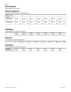 Page 31Page  31
Com pa ct  IC S 6 .0  Pro gra m min g  R eco rd   P0 99 267 1  03
Telco features
(T er minal s&Se ts :T el co f eat ur es )
Feature assignmnt
(T er mi nal s&Se ts ;T el co f eat ur es ; CLASS assi gnmnt) 
1stDisplay
(T er minal s&Se ts ;T el co f eatures ;1 st Di spl ay)
Called ID
(T er minal s&Se ts ;T el co f eatures ;C al le d I D)
Log space 
( T er minal s&Se ts ;T el co f eatures ; Log spa ce)
Sets:(max. 7 digits)
names:(max. 7 char.)
  Caller ID setLi ne #:
Y
N
Li ne# :
Y
N
L ine #:
Y
N
L...