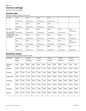 Page 40Page  40
Com pa ct  IC S 6 .0  Pro gra m min g  R eco rd   P0 99 267 1  03
Common settings 
(S erv ic e s;  C om mon  set ting s)
Control sets 
(S erv ic e s;  C om mon  set ting s; C ont ro l set s)
Schedule names 
(S er vic e s;  Com mon  setting s; Sch edule names )
Fo
r l in e Line : _  _  _
C on tr o l s et:  _  _  _ Li
ne:  _ _ _
C ontr o l s et: _  _  _ Li
ne:  _ _ _
Cont ro l set : _  _  _ L
in e: _  _  _
Co ntro l set : _  _ _
Li ne : _  _  _
C on tr o l s et:  _  _  _ Li
ne:  _ _ _
C ontr o l s...