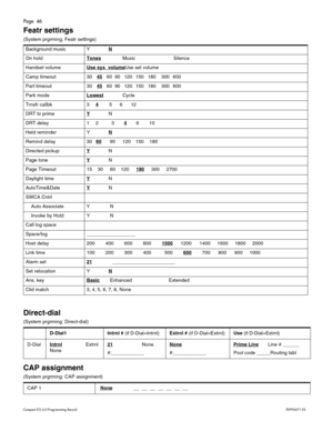 Page 46Page  46
Com pa ct  IC S 6 .0  Pro gra m min g  R eco rd   P0 99 267 1  03
Featr settings
(S yst em  prgr ming ; Feat r set tin g s)  
Direct-dial 
(S yst em  prgr ming : Di re ct -d ia l)
CAP assignment 
( S yst em  prgr ming : CAP a ssignm ent) 
Ba
ckgr ound  musi c Y
N
On holdTones M usi c Sil e n ce
Ha ndset  volum e
Use sys  volumeUs e s et v o lu me
Ca mp t imeo ut 30
4560 90 120 150 180 300 60 0
P art ti m eout 30
4560 90 120 15 0 180 300 60 0
Pa rk  m ode
Lowest C ycle
T rns fr  c allbk 3
4  5 6...