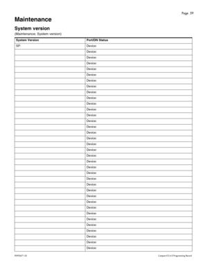 Page 59Page  59
P0 9 92 671  0 3    Com pa ct  IC S 6 .0  P ro g ra mm ing  R eco rd
Maintenance
System version 
(M aint enanc e; S ystem  v e rs ion)
  
System Version Port/DN Status
SP : Devi ce:
D evi ce:
D evi ce:
D evi ce:
D evi ce:
D evi ce:
D evi ce:
D evi ce:
D evi ce:
D evi ce:
D evi ce:
D evi ce:
D evi ce:
D evi ce:
D evi ce:
D evi ce:
D evi ce:
D evi ce:
D evi ce:
D evi ce:
D evi ce:
D evi ce:
D evi ce:
D evi ce:
D evi ce:
D evi ce:
D evi ce:
D evi ce:
D evi ce:
D evi ce:
D evi ce:
D evi ce:
D evi...