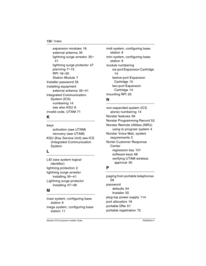 Page 138132 / Index
Modular ICS Companion Installer Guide P0992639 01
expansion modules 18
external antenna
 35
lightning surge arrestor
 35–
41
lightning surge protector
 47
planning
 7–15
RPI
 18–25
Station Module
 7
Installer password
 55
installing equipment
external antenna
 35–41
Integrated Communication 
System (ICS)
numbering
 14
see also KSU
 8
invalid code, UTAM
 71
K
keys
activation (see UTAM)
recovery (see UTAM)
KSU (Key Service Unit) see ICS 
(Integrated Communication 
System
L
LID (see system...