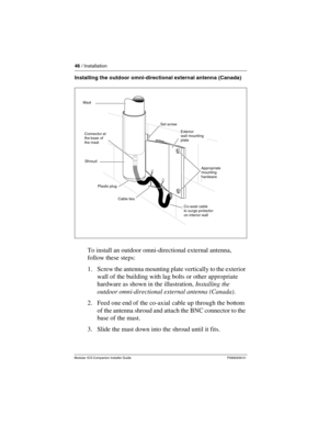 Page 5246 / Installation
Modular ICS Companion Installer Guide P0992639 01
Installing the outdoor omni-directional external antenna (Canada)
To install an outdoor omni-directional external antenna, 
follow these steps:
1. Screw the antenna mounting plate vertically to the exterior 
wall of the building with lag bolts or other appropriate 
hardware as shown in the illustration, Installing the 
outdoor omni-directional external antenna (Canada).
2. Feed one end of the co-axial cable up through the bottom 
of the...
