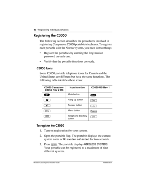 Page 8680 / Registering individual portables
Modular ICS Companion Installer Guide P0992639 01
Registering the C3050
The following section describes the procedures involved in 
registering Companion C3050 portable telephones. To register 
each portable with the Norstar system, you must do two things:
Register the portables by entering the Registration 
password on each one.
Verify that the portable functions correctly.
C3050 Icons
Some C3050 portable telephone icons for Canada and the 
United States are...