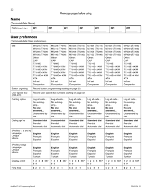 Page 3022
Modular ICS 6.1 Programming RecordP0603536   02 
Photocopy pages before using.
Name
(Terminals&Sets: Name) 
User prefernces 
(Terminals&Sets: User preferences)Name 
(max. 7 char.)221
_________221
_________221
_________221
_________221
_________221
_________221
_________
Mdl M7324 (T7316)
M7310 (T7316)
M7208 (T7208)
M7100 (T7100)
Other: 
CAP
T7316E
T7316E+1KIM
T7316E+2KIM
T7316E+3KIM
T7316E+4 KIM
ATA
Intl set
CompanionM7324 (T7316)
M7310 (T7316)
M7208 (T7208)
M7100 (T7100)
Other: 
CAP
T7316E...