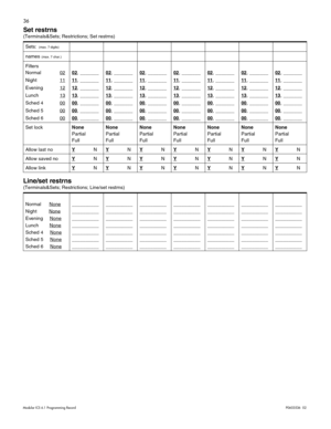 Page 4436
Modular ICS 6.1 Programming RecordP0603536   02 
Set restrns 
(Terminals&Sets; Restrictions; Set restrns)
Line/set restrns 
(Terminals&Sets; Restrictions; Line/set restrns) Sets: 
 (max. 7 digits)
names (max. 7 char.)
Filters
Normal 02
Night 11
Evening 12
Lunch 13
Sched 4 00
Sched 5  00
Sched 6  00
02, _______
11
, _______
12
, _______
13
, _______
00
, _______
00
, _______
00
, _______02
, _______
11
, _______
12
, _______
13
, _______
00
, _______
00
, _______
00
, _______02
, _______
11
, _______...