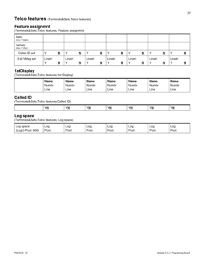 Page 4537
P0603536   02Modular ICS 6.1 Programming Record
Telco features (Terminals&Sets:Telco features)
Feature assignmnt
(Terminals&Sets;Telco features; Feature assignmnt) 
1stDisplay
(Terminals&Sets;Telco features;1st Display)
Called ID
(Terminals&Sets;Telco features;Called ID)
Log space 
(Terminals&Sets;Telco features; Log space)Sets:
(max. 7 digits)
names:(max. 7 char.)
   Caller ID set YNYNYNYNYNYNYN
  Extl VMsg set Line#:
YNLine#:
YNLine#:
YNLine#:
YNLine#:
YNLine#:
YNLine#:
YN
Name
Numbr
LineName
Numbr...