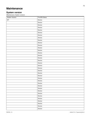 Page 8173
P0603536   02 Modular ICS 6.1 Programming Record
Maintenance
System version 
(Maintenance; System version)  
System Version Port/DN Status
SP: Device:
Device:
Device:
Device:
Device:
Device:
Device:
Device:
Device:
Device:
Device:
Device:
Device:
Device:
Device:
Device:
Device:
Device:
Device:
Device:
Device:
Device:
Device:
Device:
Device:
Device:
Device:
Device:
Device:
Device:
Device:
Device:
Device:
Device:
Device:
Device: 