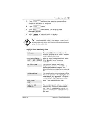 Page 121Forwarding your calls / 121
P0603535  02 Modular ICS 6.1 System Coordinator Guide
3. Press ≠ and enter the internal number of the 
telephone you want to program.
4. Press ≠ twice.
5. Press “ three times. The display reads 
Redirect ring:.
6. Press CHANGE
 to select Y (Yes) or N (No).
Displays while redirecting lines
Tip - If a telephone has redirect ring enabled, it rings briefly 
for redirected calls on one of its lines even if another telephone 
set up the line redirection.
You selected the intercom...