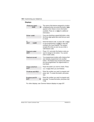 Page 148148 / Customizing your telephone
Modular ICS 6.1 System Coordinator Guide P0603535  02
Displays
The name of the feature assigned to a button 
is displayed when you press the button.
 SHOW 
appears when there is more information 
available. Press 
£ or SHOW for additional 
information.
If you are checking a speed dial button, enter 
the three-digit speed dial code that you want 
to check.
Enter the feature code, or press ¨ or QUIT 
to quit programming or CLEAR to clear the 
numbers you have entered. The...