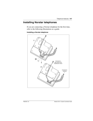 Page 197Telephone features / 197
P0603535  02 Modular ICS 6.1 System Coordinator Guide
Installing Norstar telephones
If you are connecting a Norstar telephone for the first time, 
refer to the following illustrations as a guide.
Installing a Norstar telephone
Connect to 
jack wired from
distribution block
Connect to 
receiver 