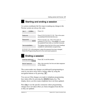 Page 27Getting started with Norstar / 27
P0603535  02 Modular ICS 6.1 System Coordinator Guide
Starting and ending a session
As system coordinator the first steps in making any change to the 
Norstar system are always the same. 
Ending a session
The system makes any changes you indicated in programming as 
soon as you move away from a setting, either by using the 
navigation buttons or by pressing ¨.
You can see if the changes you made to telephone programming 
have taken effect by pressing the UPDATE
 display...