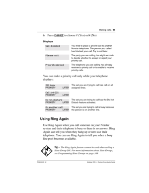 Page 85Making calls / 85
P0603535  02 Modular ICS 6.1 System Coordinator Guide
6. Press CHANGE to choose Y (Yes) or N (No)
Displays
You can make a priority call only while your telephone 
displays:
Using Ring Again
Use Ring Again when you call someone on your Norstar 
system and their telephone is busy or there is no answer. Ring 
Again can tell you when they hang up or next use their 
telephone. You can use Ring Again to tell you when a busy 
line pool becomes available.
You tried to place a priority call to...