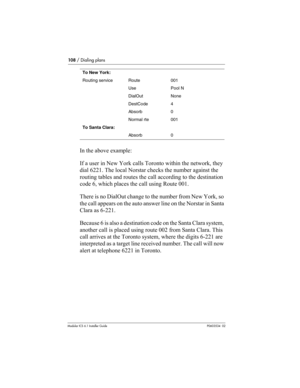 Page 108108 / Dialing plans
Modular ICS 6.1 Installer GuideP0603534  02
In the above example:
If a user in New York calls Toronto within the network, they 
dial 6221. The local Norstar checks the number against the 
routing tables and routes the call according to the destination 
code 6, which places the call using Route 001. 
There is no DialOut change to the number from New York, so 
the call appears on the auto answer line on the Norstar in Santa 
Clara as 6-221. 
Because 6 is also a destination code on the...